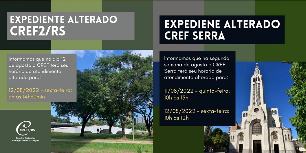CREF2/RS e CREF Serra têm horário de atendimento diferenciado no dia 12 de agosto